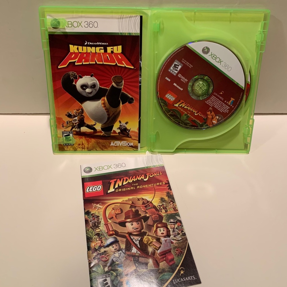 XBOX 360 LEGO INDIANA JONES: THE ORIGINAL ADVENTURES and KUNG FU PANDA GAMES.